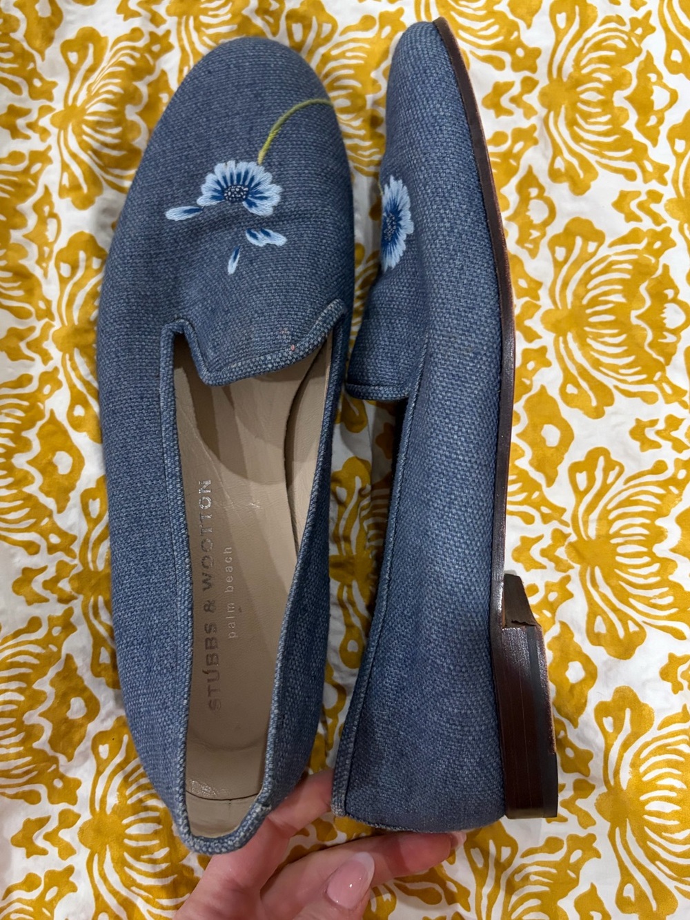 Stubbs & Wootton Palm Beach Floral Denim Slippers | Size 11 - Picture 2 of 8